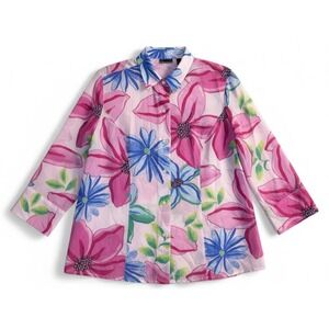 Laura Scott Women's Floral Blouse Pink Springy Garden Party Button Top Size 14
